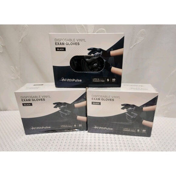 Fifth Pulse Black Small Exam Gloves 3pks Box Bundle Disposable Vinyl Single Use - Picture 1 of 6